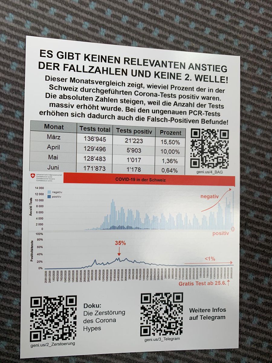 Auf den Flyern wird auch gesagt, es gebe keine 2. Welle an Corona-Fällen. 