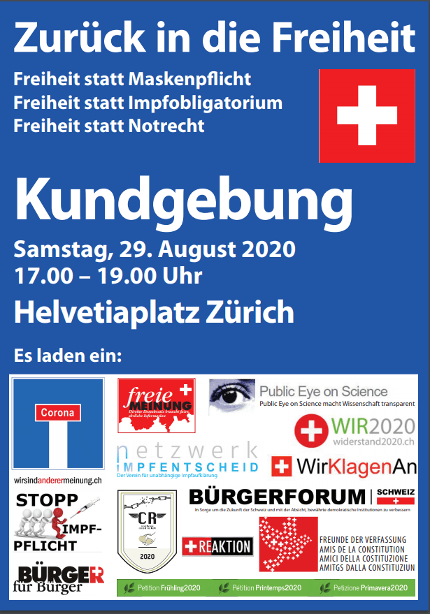 Laut Flyer richtet sich die Kundgebung gegen Maskenpflicht, Impfobligatorium und Notrecht. Verschiedene Gruppierungen – darunter «Freunde der Verfassung», «Netzwerk Impfentscheid» oder «Bürgerforum Schweiz» – unterstützen diese Veranstaltung.