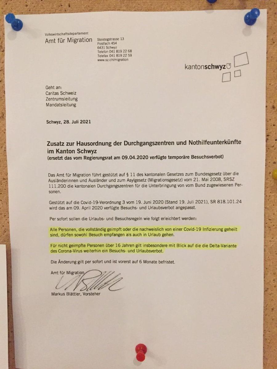 In einem Brief an die Caritas teilte das Migrationsamt des Kantons Schwyz die Anpassungen mit. 