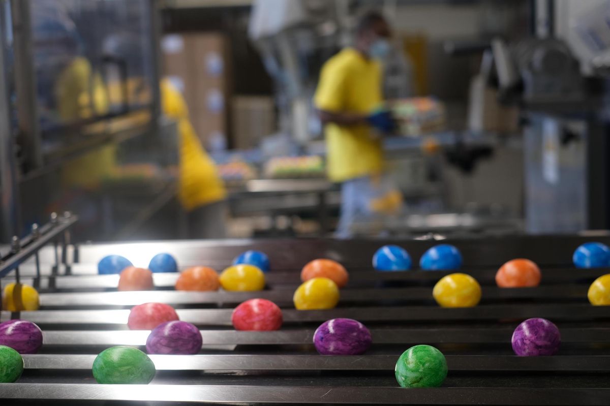 Von Hand- bis Fliessbandarbeit: Für gefärbte Ostereier legen sich Marktfahrende und Mitarbeitende in der Eico ins Zeug. Im Bild die Fabrik der Eico. 