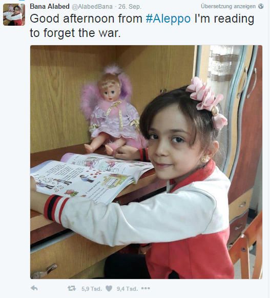 «Guten Nachmittag aus Aleppo. Ich lese um den Krieg zu vergessen», twittert Bana am 26. September 2016. «Guten Nachmittag aus Aleppo. Ich lese um den Krieg zu vergessen», twittert Bana am 26. September 2016.