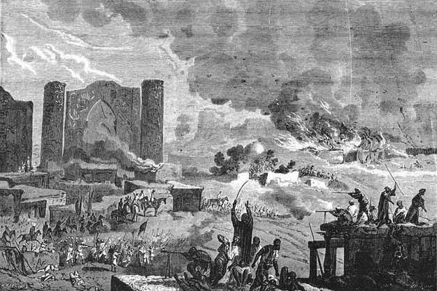 Mitte des 19. Jahrhunderts unterwarf das Russische Reich weitere Gebiete in Zentralasien und gründete das Generalgouvernement Turkestan in unmittelbarer Nachbarschaft zu Afghanistan. 1878 gewann Russland mit der Einrichtung einer Gesandtschaft in Kabul an Einfluss in Afghanistan. (Bild: Der Kampf um Samarkand, heutiges Usbekistan.) Mitte des 19. Jahrhunderts unterwarf das Russische Reich weitere Gebiete in Zentralasien und gründete das Generalgouvernement Turkestan in unmittelbarer Nachbarschaft zu Afghanistan. 1878 gewann Russland mit der Einrichtung einer Gesandtschaft in Kabul an Einfluss in Afghanistan. (Bild: Der Kampf um Samarkand, heutiges Usbekistan.)