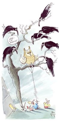 Die Krähenplage im Nordquartier zwingt die Stadt Bern zu neuen Methoden. Ein Uhu aus Plastik und mit beweglichen Flügeln soll  die Saatkrähen vergrämen.  (November 2013)