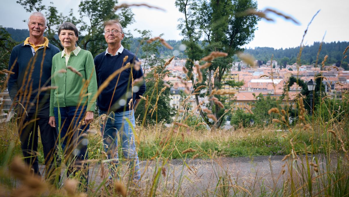 La Chaux-de-Fonds, le 22 juillet 2024. Une année après la tempête qui a dévasté une partie de la ville. De g. a d : Daniel et Sylviane Musy avec Yves Tissot, les 3 membres fondateurs de l’association Des arbres pour rêver demain, qu’ils ont créé 48 heures après la catastrophe afin de reboiser la cité horlogère.    Photo Yvain Genevay / Tamedia