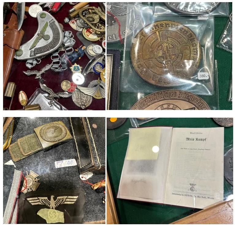 Collection d’objets militaires anciens, y compris des médailles, badges, un ceinturon et un livre ajouré.