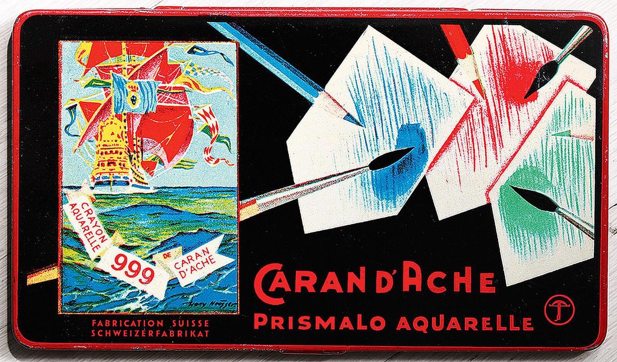 Boîte de crayons de couleur Caran d'Ache Prismalo Aquarelle avec illustrations colorées.