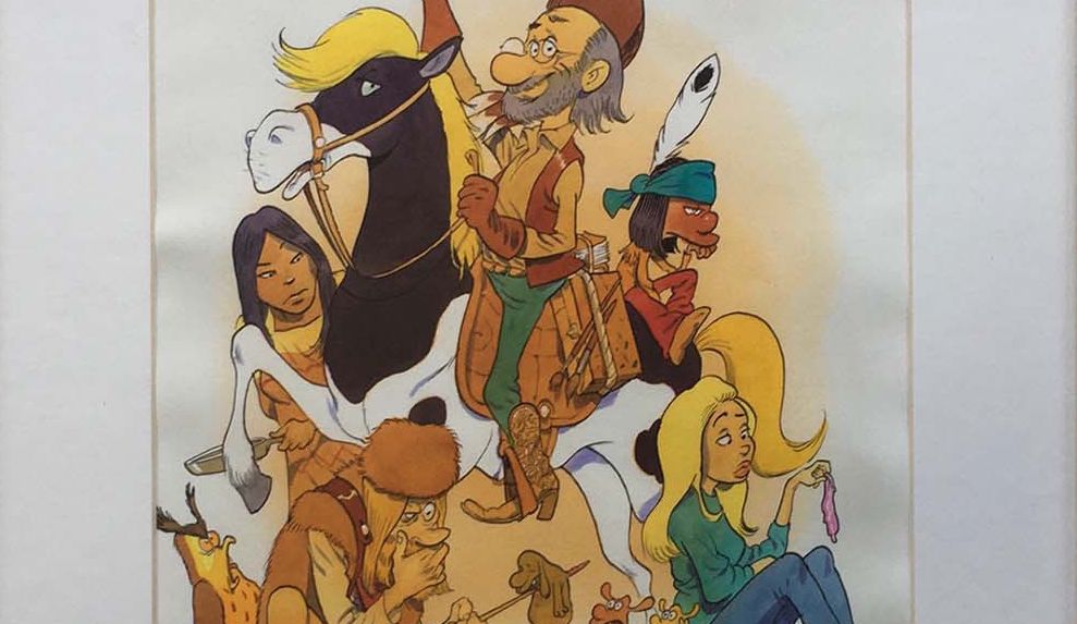 Illustration de personnages animés colorés, y compris un cheval, un homme à cheval, et plusieurs personnages assis et debout.