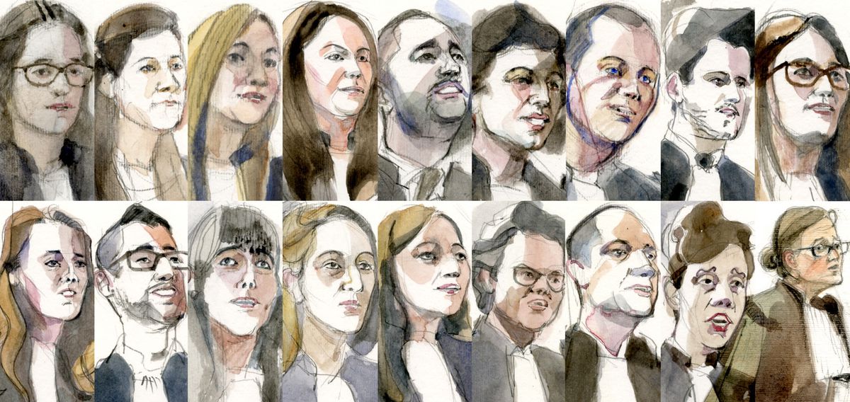 De gauche à droite: Me Ludivine Candiotti, Me Aliénor Winiger, Me Elodie Hernandez, Me Sabrina Torjman, Me Guglielmo Palumbo, Me SéMebastien Zulian, Me Jérôme Darbre, Me Sylvain Zihlmann, Me Alice Aebischer, Me Alix Bosson, Me Fabrice Benjamin, Me Alexandra Blanc, Me Elodie Yammine, Me Vanja Mégevand, Me Mathias Zinggeler, Me Sylvain Savolainen, Me Marc-Anthony de Boccard et Me Yaël Hayat Présidente du jury. CROQUIS PATRICK TONDEUX