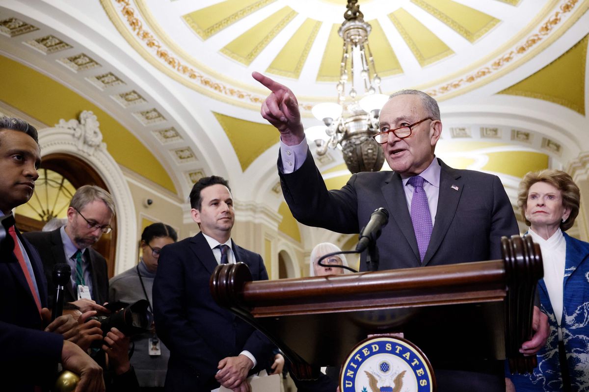 WASHINGTON, DC - MARCH 20: Senate Majority Leader Chuck Schumer (D-NY) speaks during a news conference following a Senate Democratic policy luncheon at the U.S. Capitol building on March 20, 2024 in Washington, DC. Senate Democratic leadership spoke to reporters on a range of topics including the recent a Fiscal Year 2024 spending package that was reached and the schedule for both houses to vote on it.   Anna Moneymaker/Getty Images/AFP (Photo by Anna Moneymaker / GETTY IMAGES NORTH AMERICA / Getty Images via AFP)