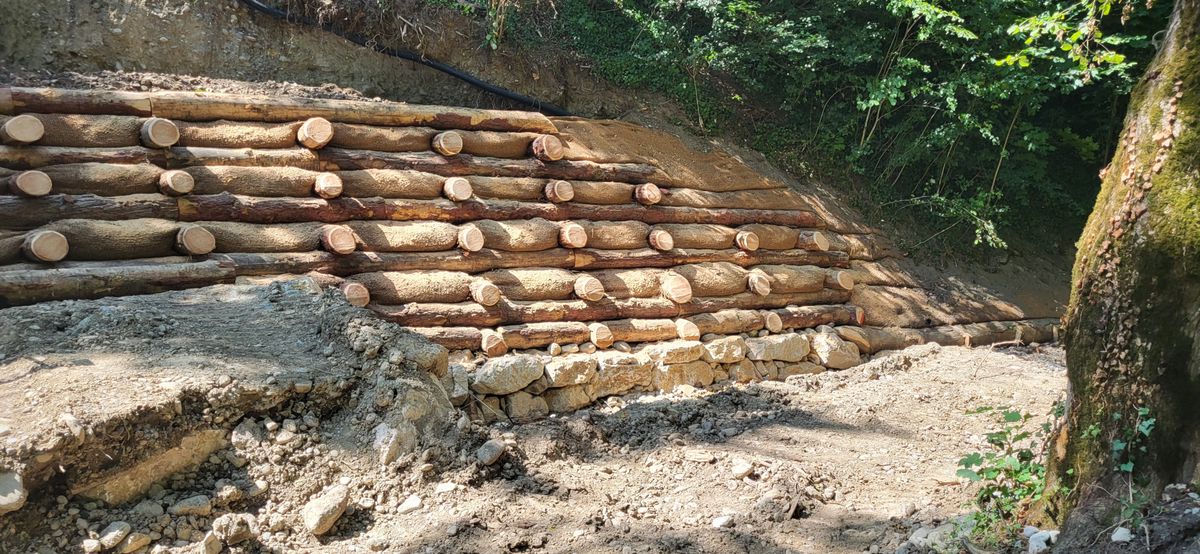 Un mur de soutènement en bois, composé de troncs d'arbres empilés horizontalement, se dresse sur un terrain en pente avec une végétation dense en arrière-plan.