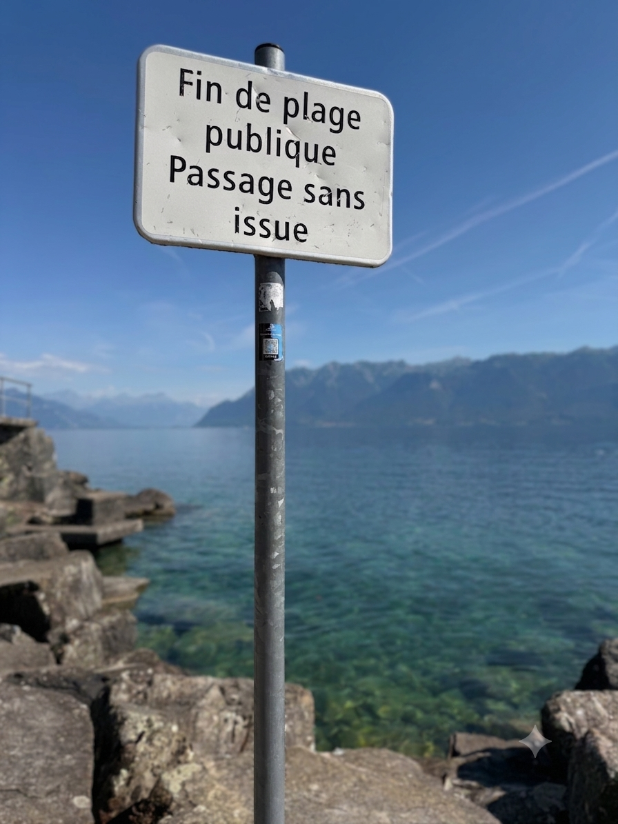 Panneau ’Fin de plage publique, Passage sans issue’ au bord du lac Léman avec montagnes en arrière-plan