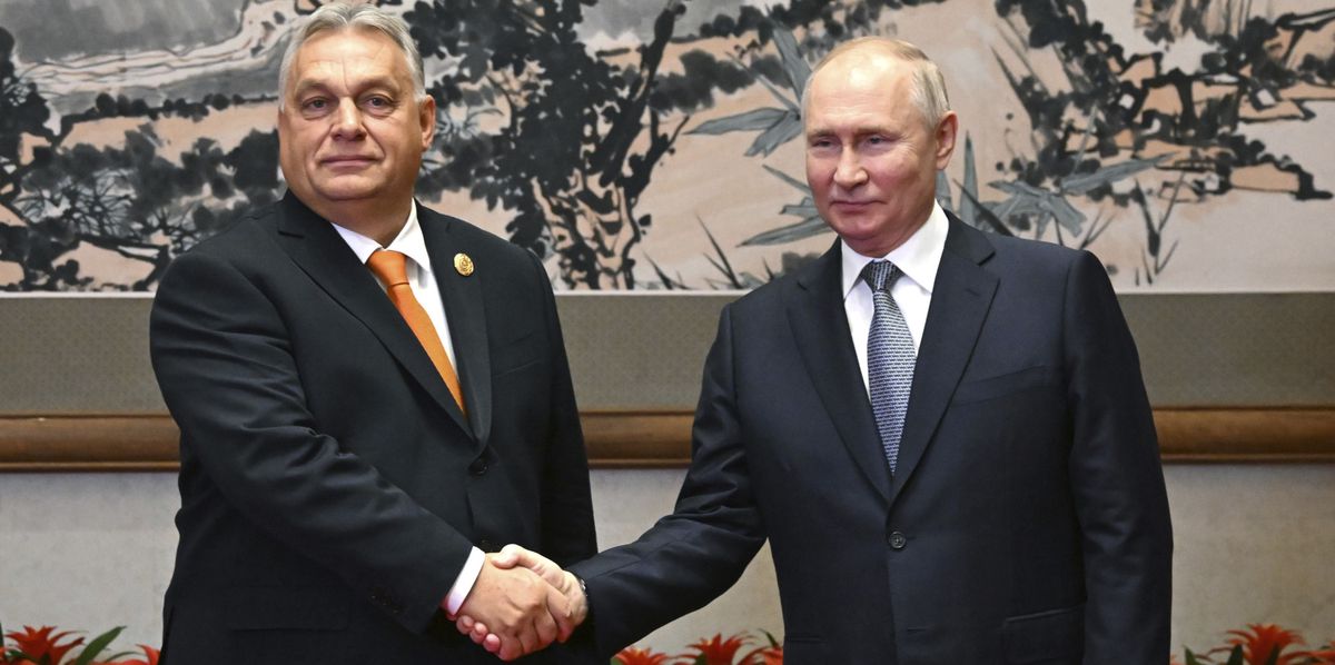 Russian President Vladimir Putin, right, and Hungarian Prime Minister Viktor Orban pose for a photo prior to their talks on the sidelines of the Belt and Road Forum in Beijing, China, on Tuesday, Oct. 17, 2023. (Grigory Sysoyev, Sputnik, Kremlin Pool Photo via AP)