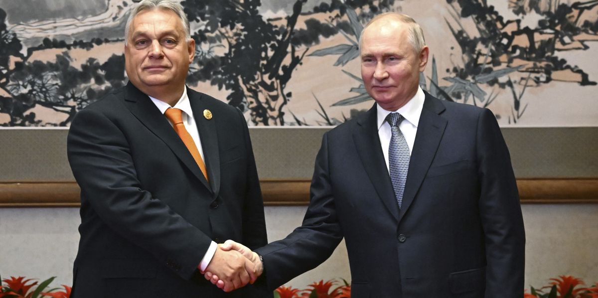 Russian President Vladimir Putin, right, and Hungarian Prime Minister Viktor Orban pose for a photo prior to their talks on the sidelines of the Belt and Road Forum in Beijing, China, on Tuesday, Oct. 17, 2023. (Grigory Sysoyev, Sputnik, Kremlin Pool Photo via AP)