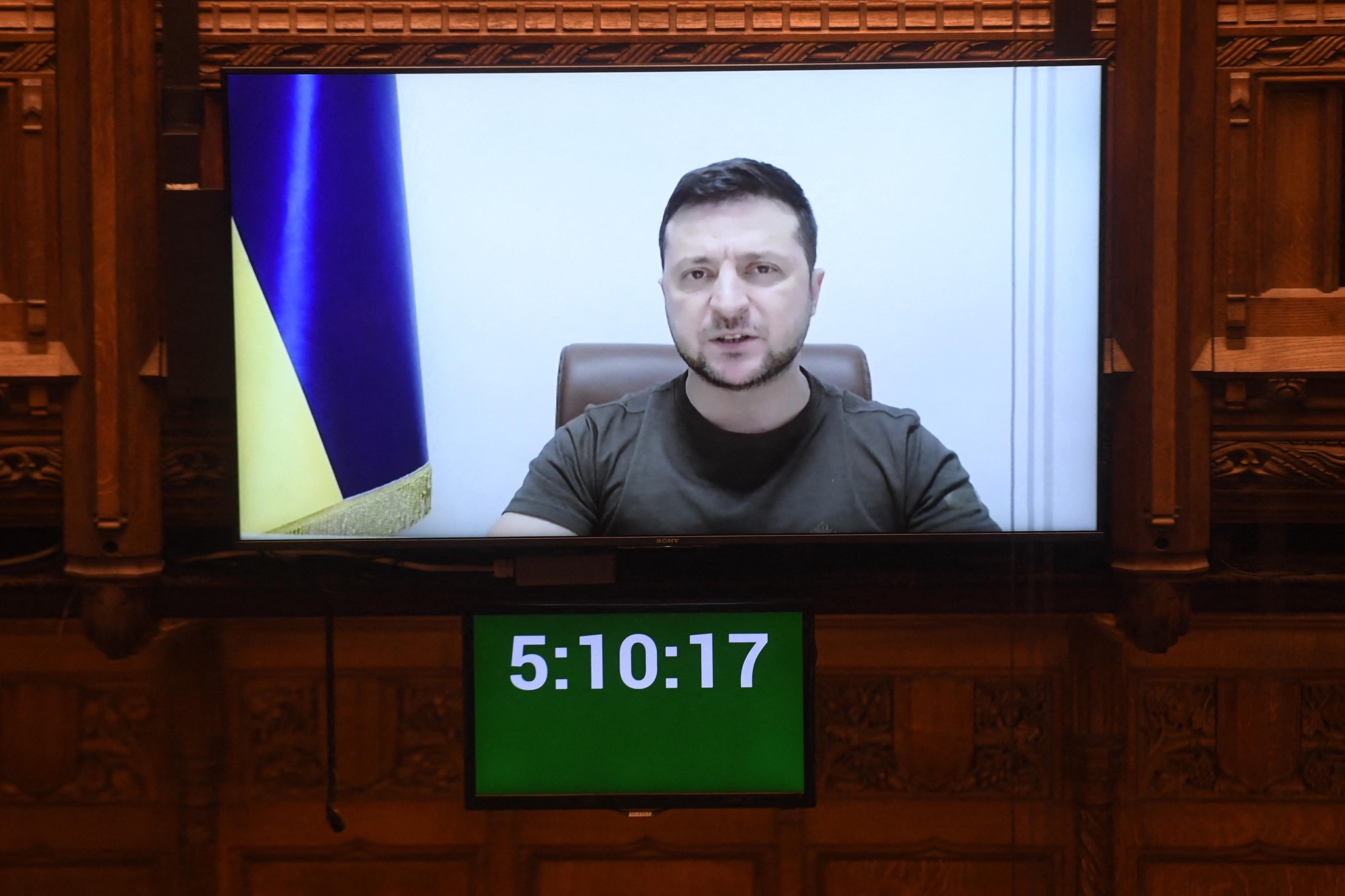 Le président ukrainien Zelensky lors d’un discours au parlement britannique mardi.