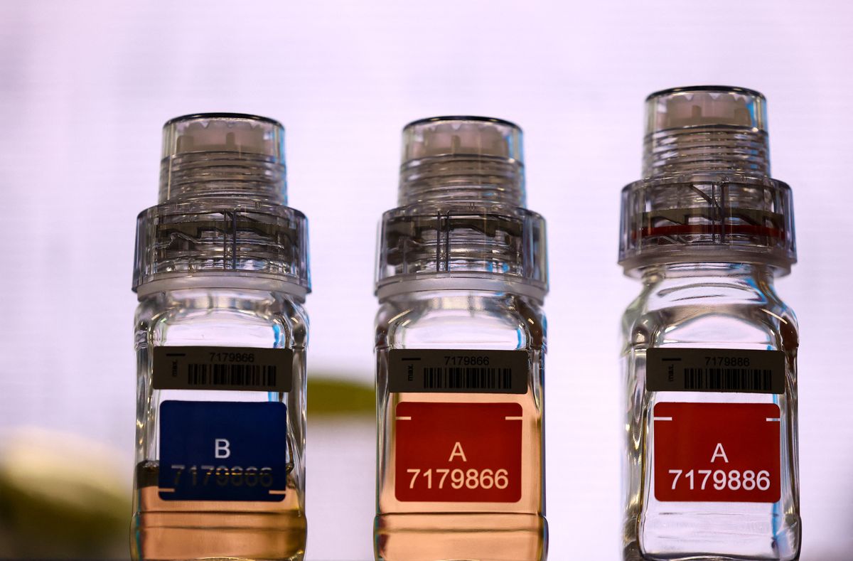 This photograph taken on April 22, 2023, shows doping control vials during a training for doping controllers for the Paris Olympic and Paralympic Games in Saint-Denis, north of Paris. These 33 trainees responded this winter to a classified ad from the International Control Agency (ICA), which manages the Olympic anti-doping program on behalf of the International Olympic Committee (IOC). (Photo by FRANCK FIFE / AFP)