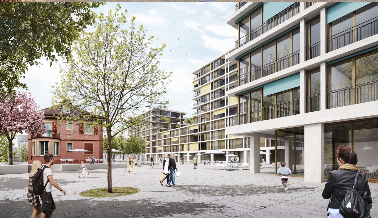 Vue de la place Carantec avant/après. En rouge, la maison des médecins, qui sera conservée.