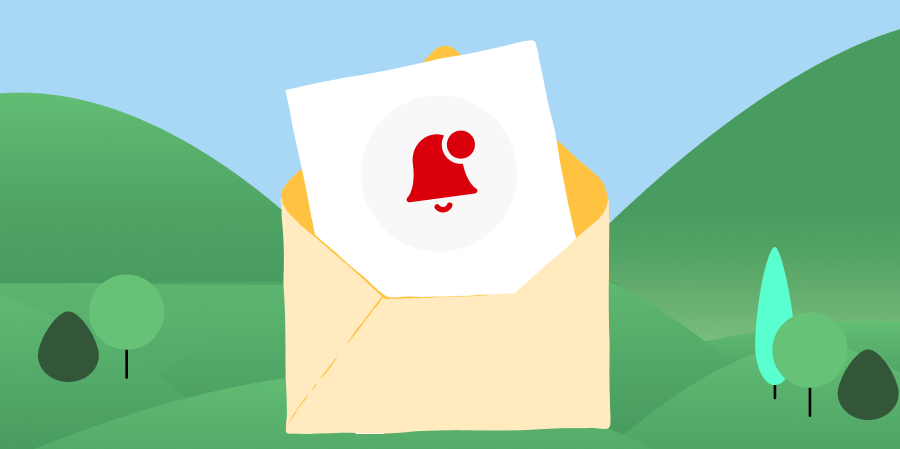 Illustration d'une enveloppe beige ouverte avec une notification de cloche rouge sur un fond de collines vertes et un ciel bleu