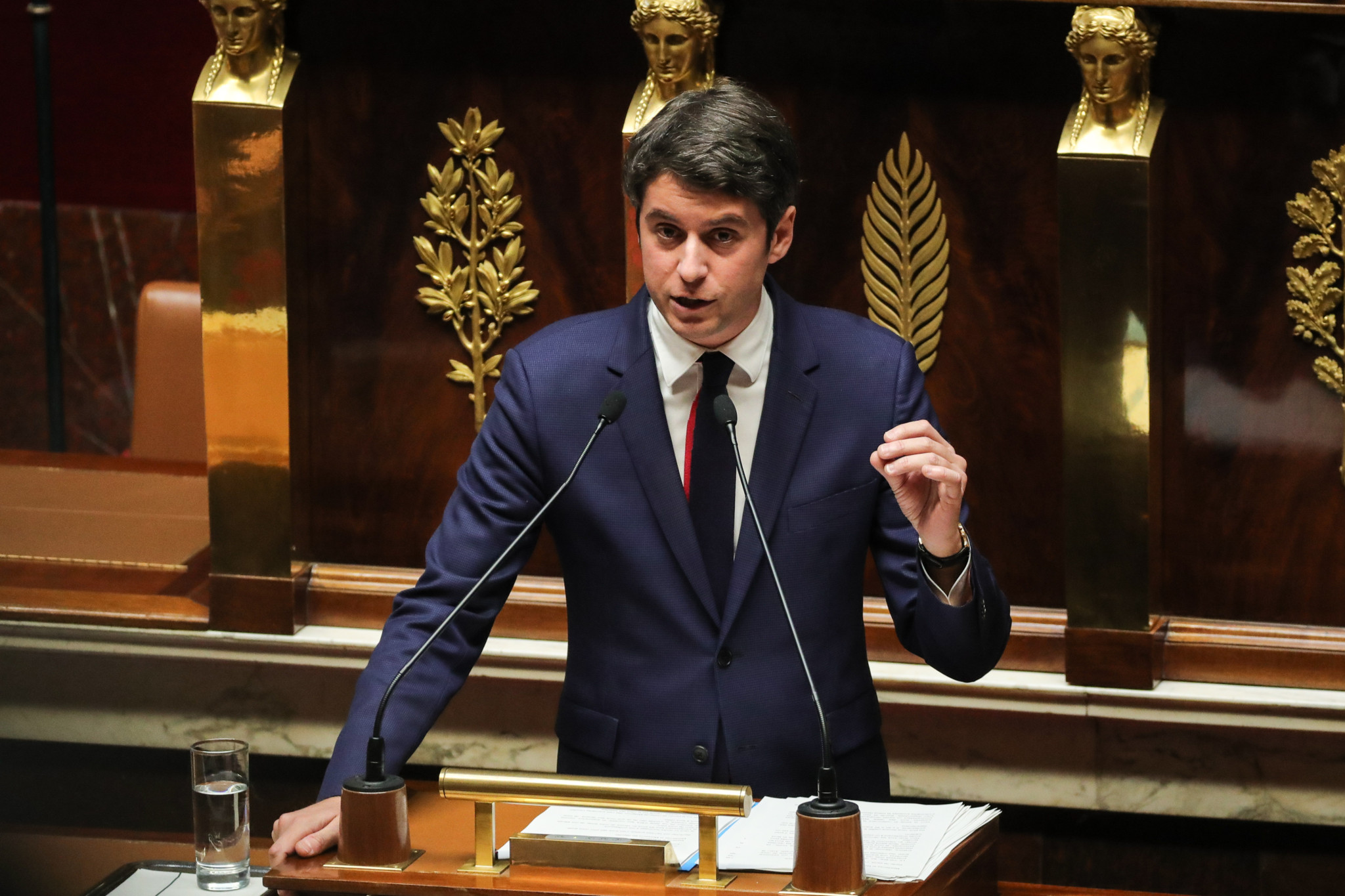 epa11114172 French Prime Minister Gabriel Attall holds general policy address with the main guidelines of his government, at the National Assembly in Paris, France, 30 January 2024. The Prime Minister addresses his 14 ministers and the 577 deputies of the National Assembly on education, security, purchasing power, health, labor and the current agricultural crisis.  EPA/TERESA SUAREZ