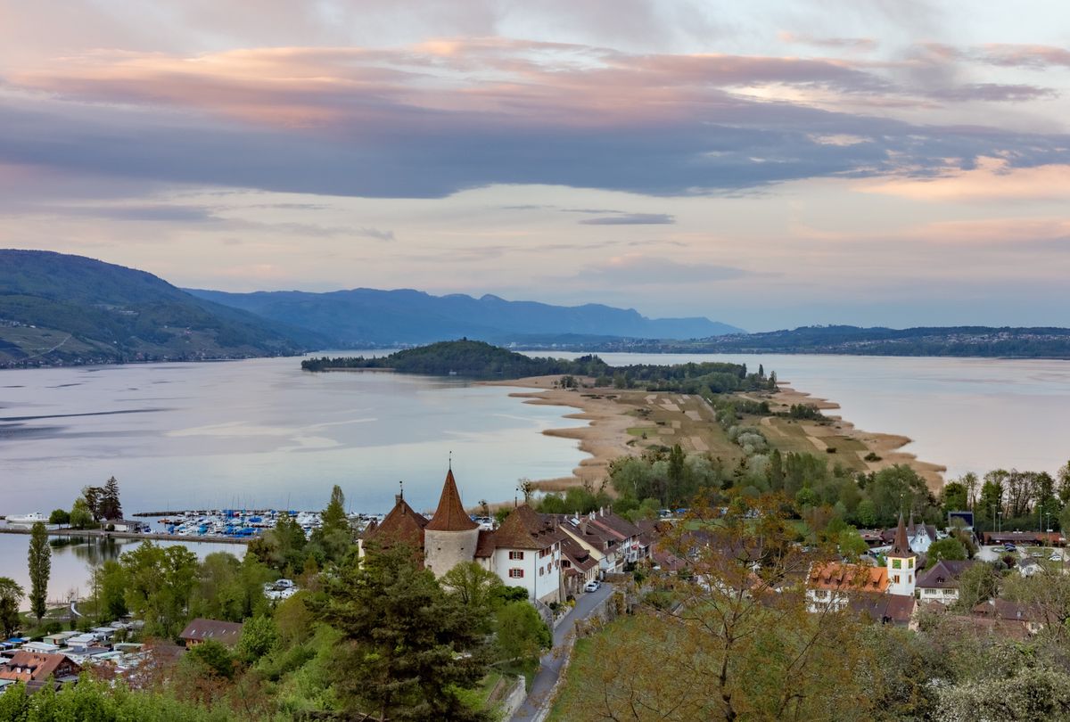 An aerial view of Erlach on the sunset