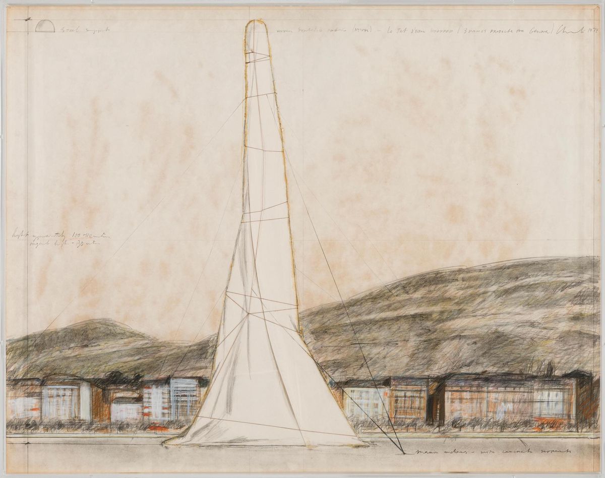 La vente du 17 mars chez Piguet sera l’occasion unique d’enchérir pour une étude préparatoire de Christo, témoignant de son intention d’emballer le Jet d’eau de Genève.