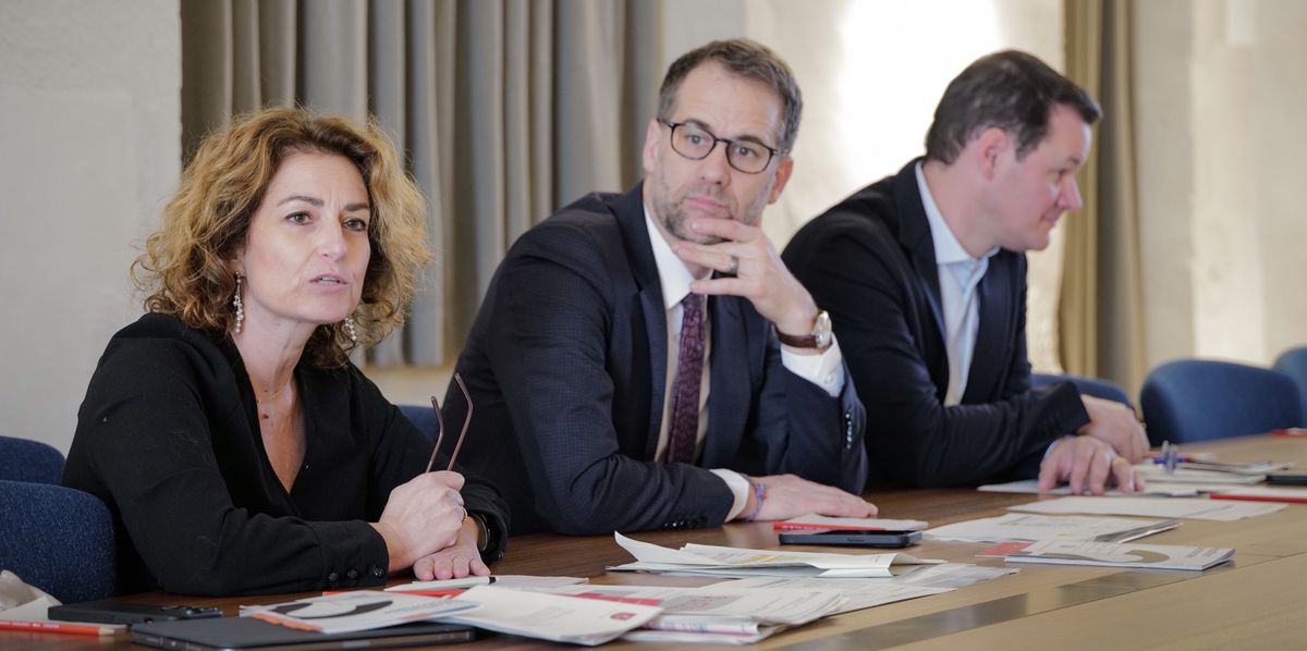 Genève, le 3 mars 2024. Votations. Le Conseil d'Etat tient un point presse en présence de Antonio Hodgers, président, Pierre Maudet, conseiller d'Etat, et Michèle Righetti-El Zayadi, chancelière d'Etat.
