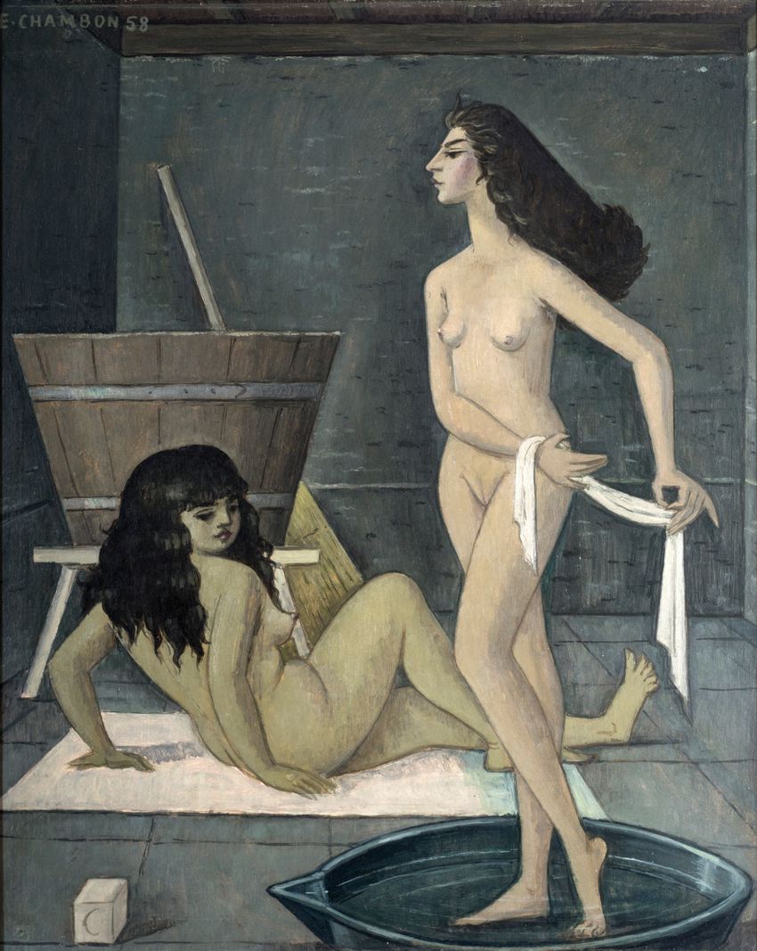 «La chambre à lessive». Carouge, 1958, huile sur panneau. Les baigneuses: Josiane et Liliane.