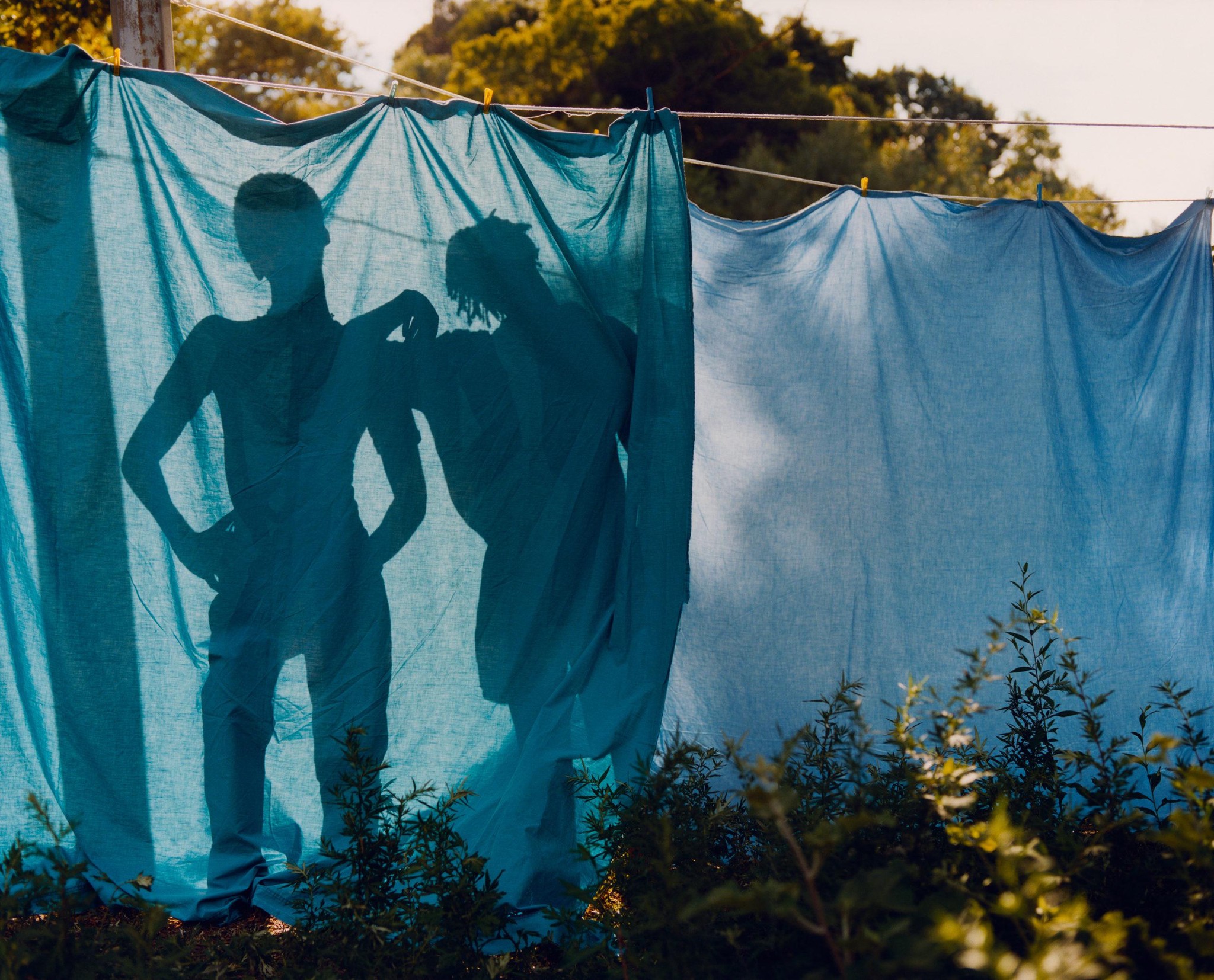 Deux ombres de personnes se tenant derrière un tissu bleu tendu en plein air, entouré de verdure.
