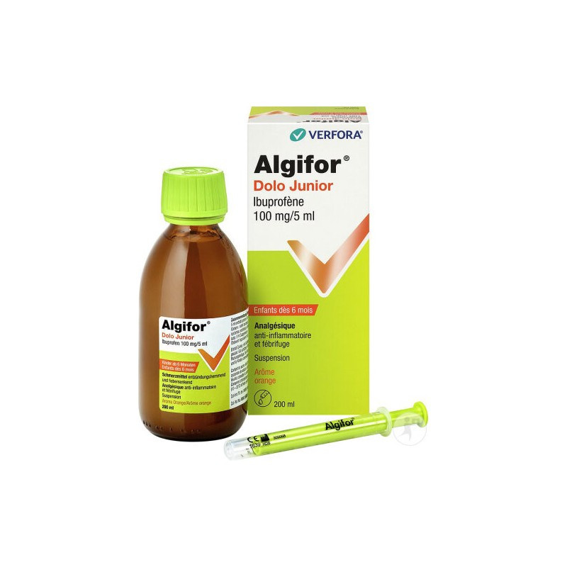 Algifor Dolo Junior Flasche und Verpackung mit 100 mg/5 ml Ibuprofen Suspension und Messspritze, für Kinder ab 6 Monaten, Geschmacksrichtung Orange.