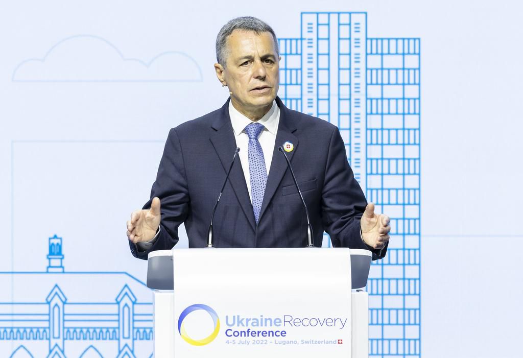 Swiss President Ignazio Cassis, Minister of Foreign Affairs speaks during the Ukraine Recovery Conference URC, Monday, July 4, 2022 in Lugano, Switzerland. The URC is organised to initiate the political process for the recovery of Ukraine after the attack of Russia to its territory. (KEYSTONE/Swiss Federal Department of Foreign Affairs FDFA/Michael Buholzer)