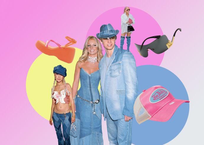 Montage coloré de mode rétro, avec tenues en denim, chaussures orange, lunettes de soleil, et casquette rose.