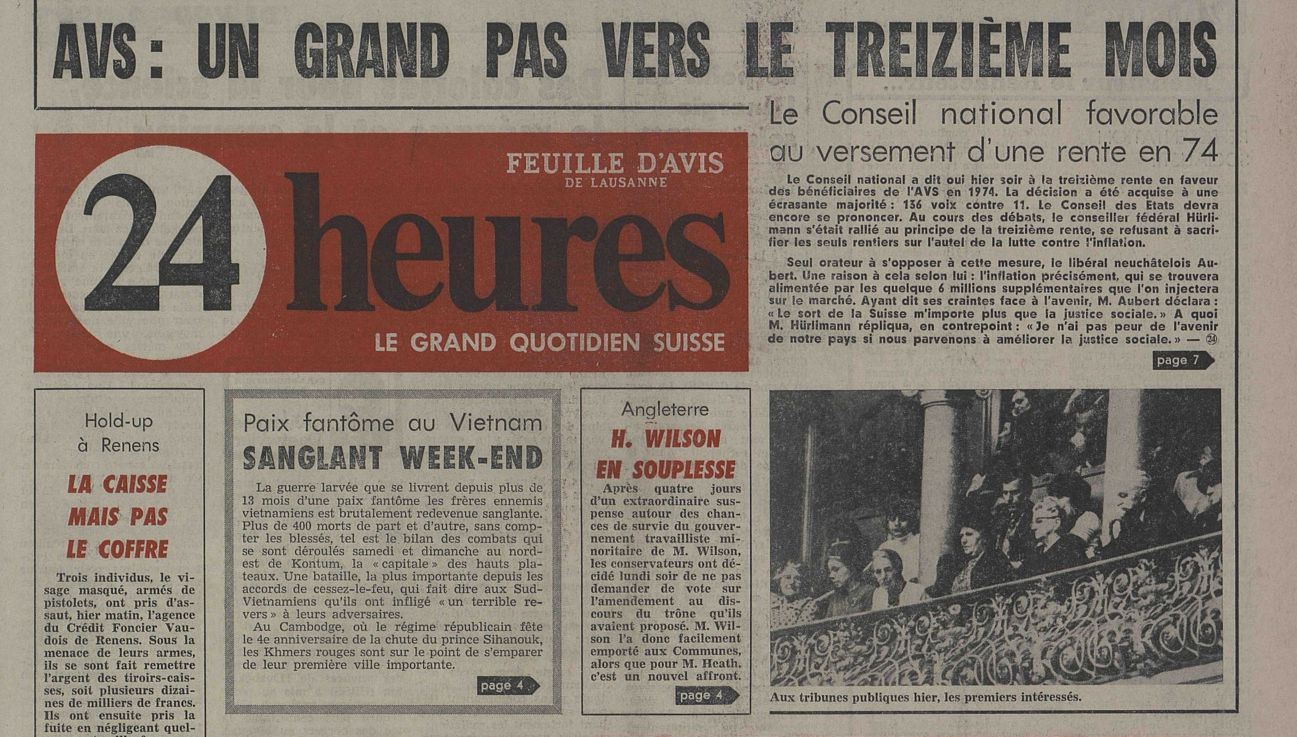 Votation en 1974, Berne octroyait une 13e rente AVS 24 heures