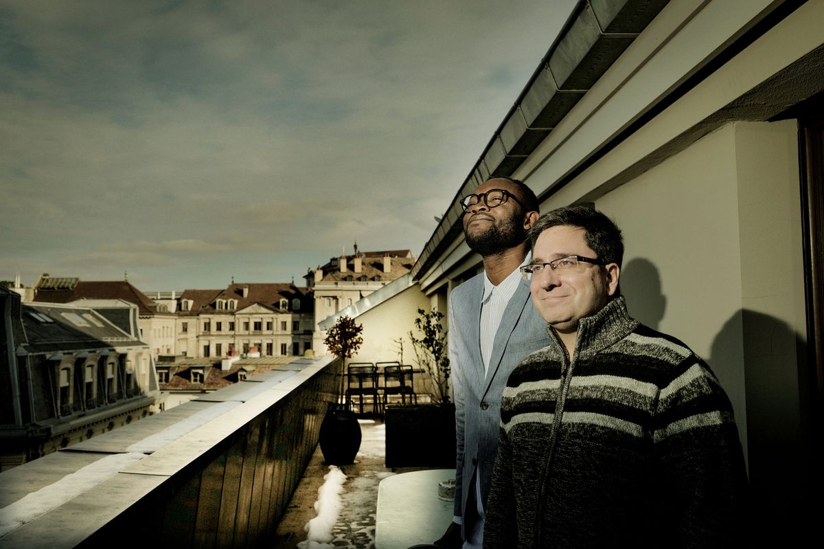 Genève, le 16 janvier 2024.  Grand Théâtre, rencontre avec deux figures centrales de l'opéra "Justice", qui sera donné à Genève dès le 22 janvier en création mondiale: le livrettiste Fiston Mwanza Mujila et le compositeur Hèctor Parra.