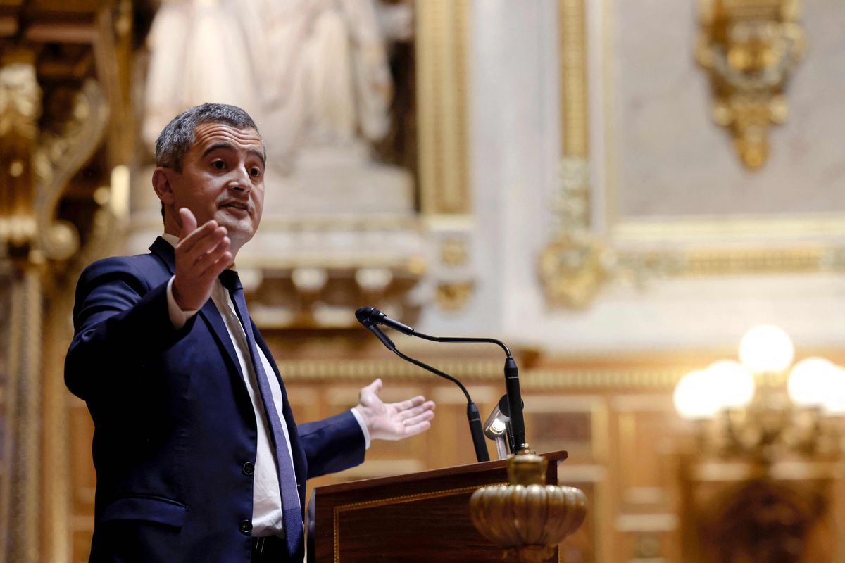 French Interior Minister Gerald Darmanin speaks in the French Senate during a debate on the French Government's immigration bill, in Paris on November 6, 2023. France's new bill proposes to ease regularisation measures for some migrants and facilitate the deportation process for others. (Photo by Ludovic MARIN / AFP)