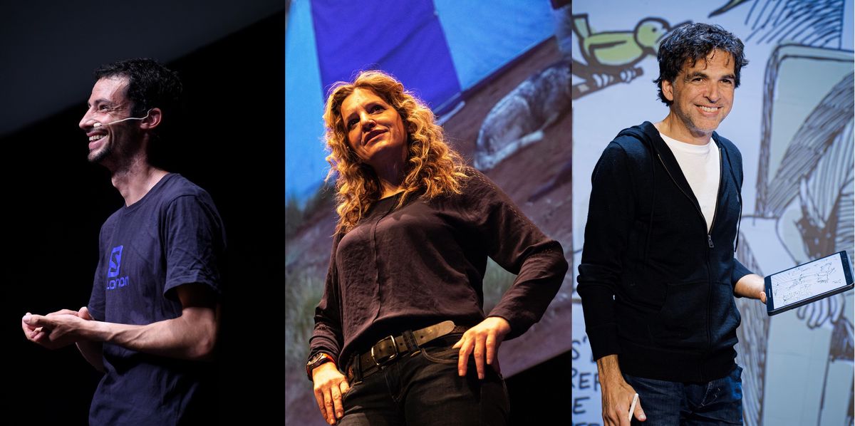 Le sportif Kilian Jornet, l'exploratrice Sarah Marquis et le dessinateur de presse Patrick Chappatte sur scène 