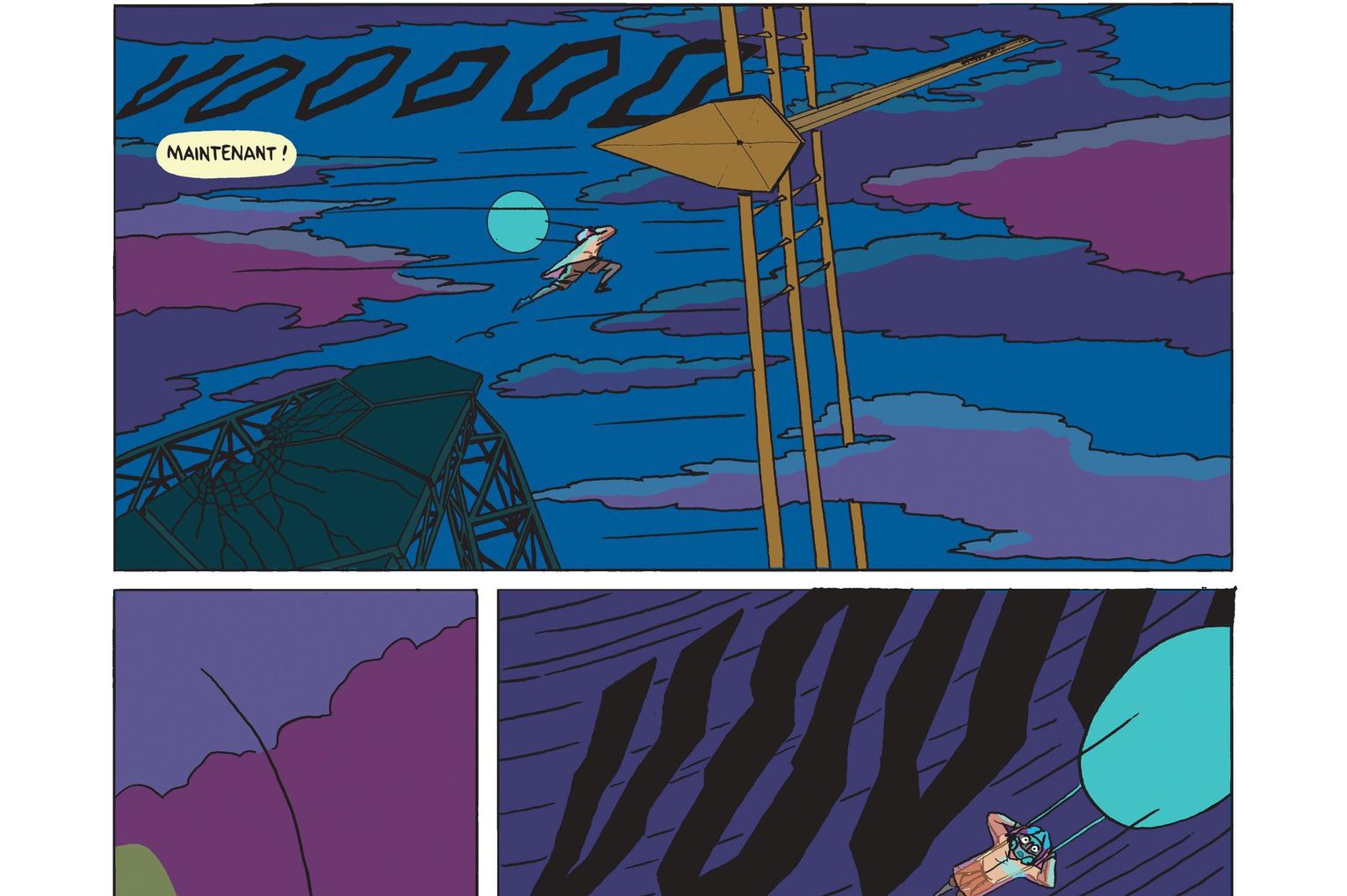 Page de bande dessinée avec plusieurs cases montrant un personnage volant vers un ballon bleu sous un ciel coloré. Le personnage dit ’Maintenant’.