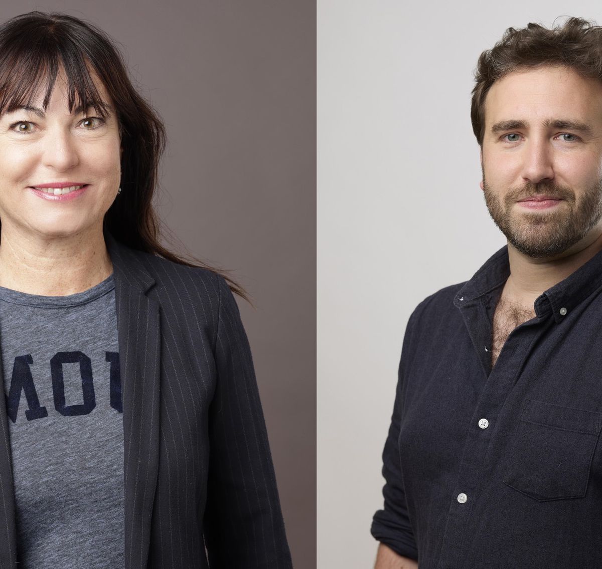 Deux personnes posent devant un fond neutre. À gauche, une femme, Géraldine Savary, porte un t-shirt gris et une veste noire. À droite, un homme en chemise noire. Photo par Yvain Genevay.