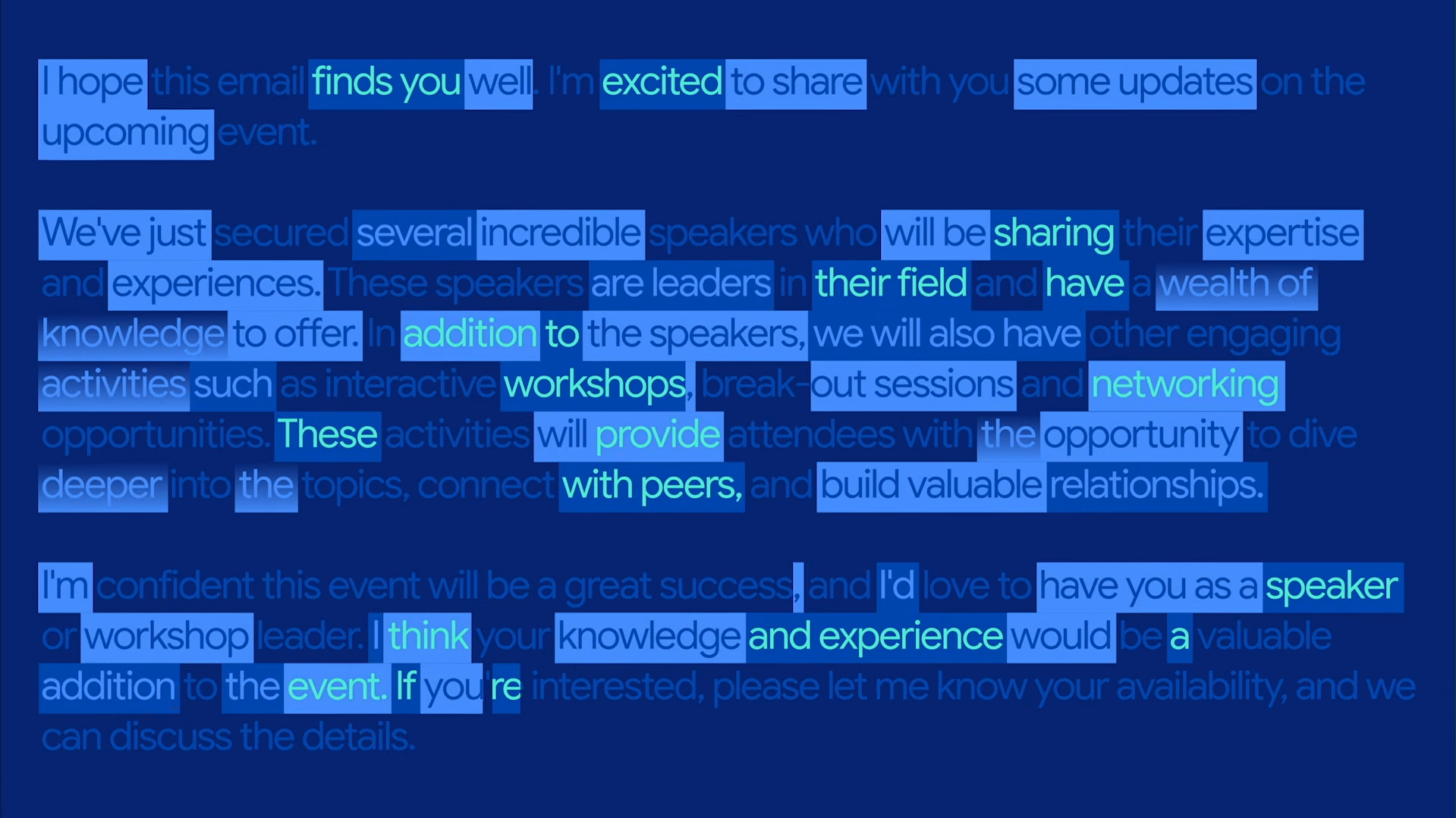 E-Mail-Text über eine bevorstehende Veranstaltung mit Rednern, Workshops und Networking-Möglichkeiten auf blauem Hintergrund.