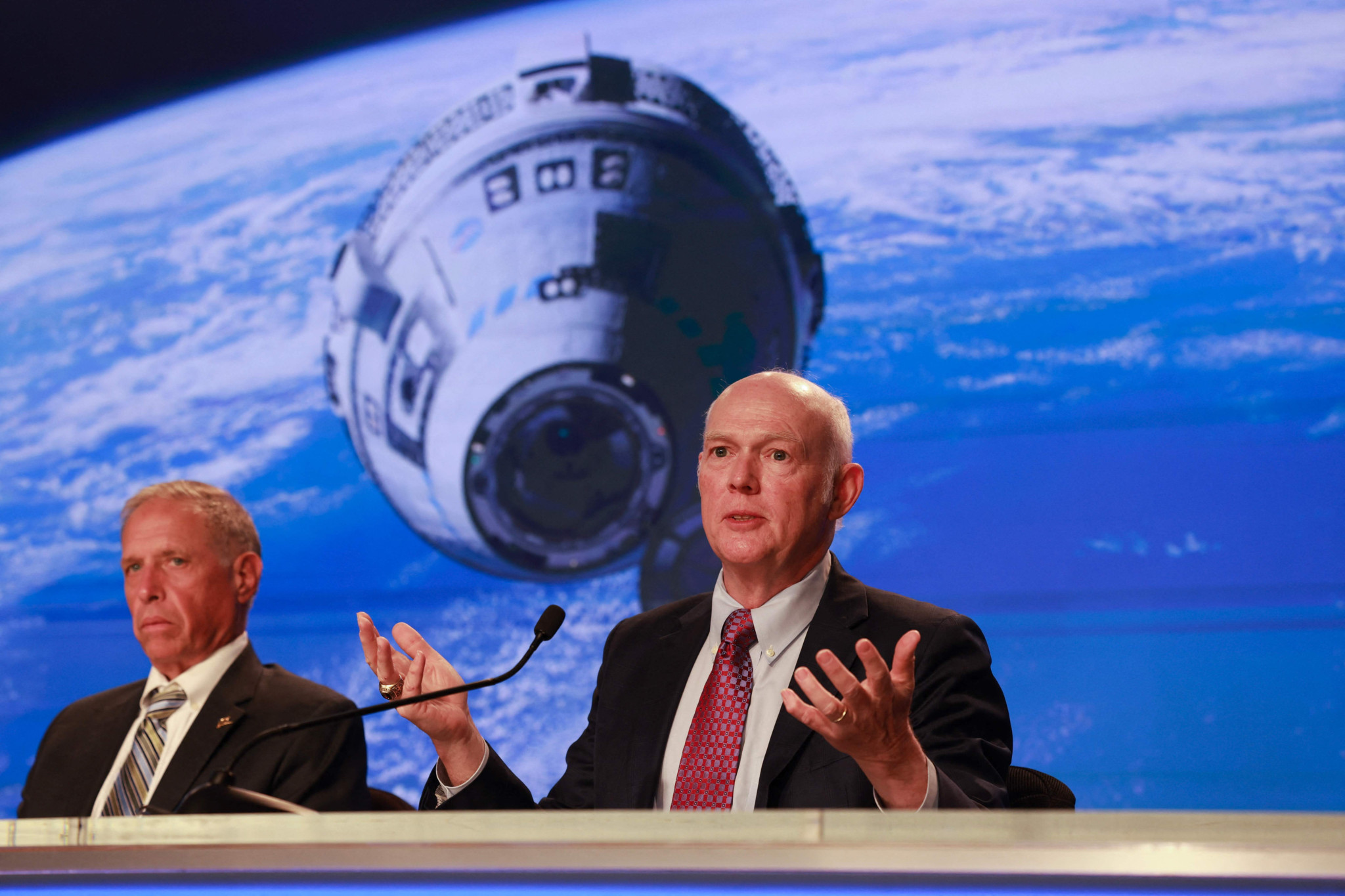 CAPE CANAVERAL, FLORIDA - JUNE 01: (L-R) Mark Nappi, vice president and program manager of Boeing's Commercial Crew Program, and Tory Bruno, the president and CEO for United Launch Alliance, hold a press conference after the launch of Boeing’s Starliner spacecraft was scrubbed on June 01, 2024, in Cape Canaveral, Florida. The launch attempt was scrubbed due to an issue with the ground launch sequencer.   Joe Raedle/Getty Images/AFP (Photo by JOE RAEDLE / GETTY IMAGES NORTH AMERICA / Getty Images via AFP)
