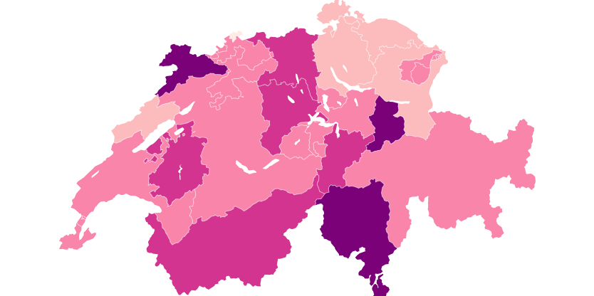 Carte de la Suisse montrant la distribution des données de 3 à 9 par différentes nuances de rose et violet.