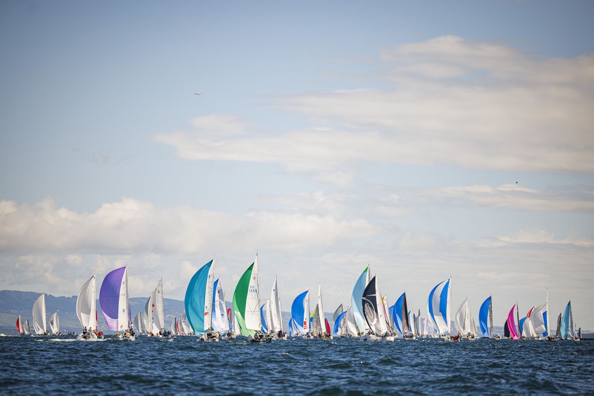 Sail boats are pictured at the start of the 85th "Bol d'Or" sailing race on Lake Geneva, in Geneva, Switzerland, Saturday, June 15, 2024. 409 boats registered for this weekend's Bol d'Or, the largest sailing race held on a lake in Europe. (KEYSTONE/Valentin Flauraud)