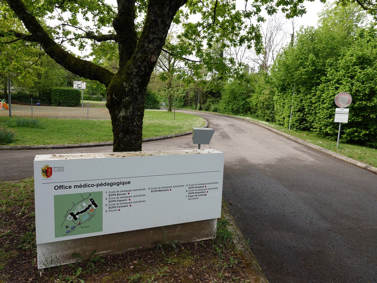 Le foyer de l'Office médico pédagogique de Mancy à Collonge-Bellerive, avec une pancarte et un chemin bordé d'arbres.