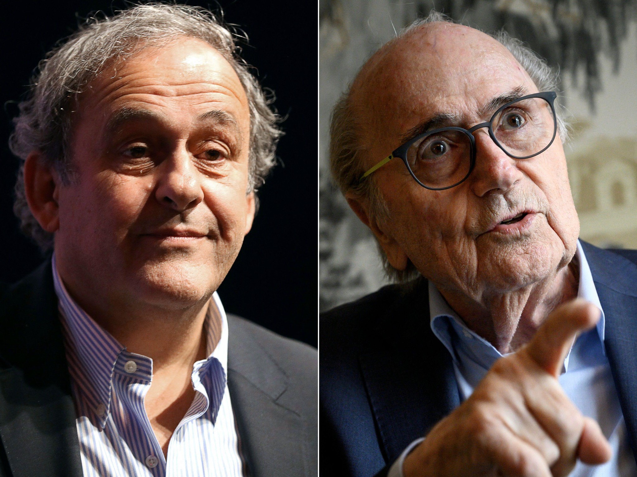 Photos de Michel Platini et Sepp Blatter, respectivement prises en 2019 et 2020, montrant les anciens dirigeants du football mondial bientôt rejugés en Suisse pour fraude.