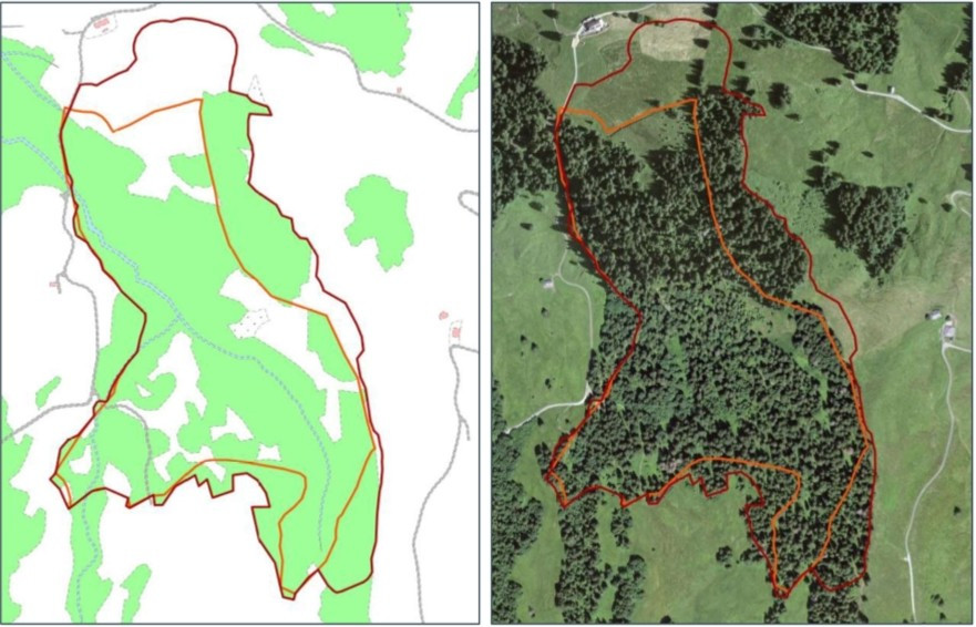 Vergleich von zwei Kartenansichten: Links eine schematische Karte mit grünen und weissen Flächen, rechts eine Satellitenaufnahme mit einem umrissenen Bereich.