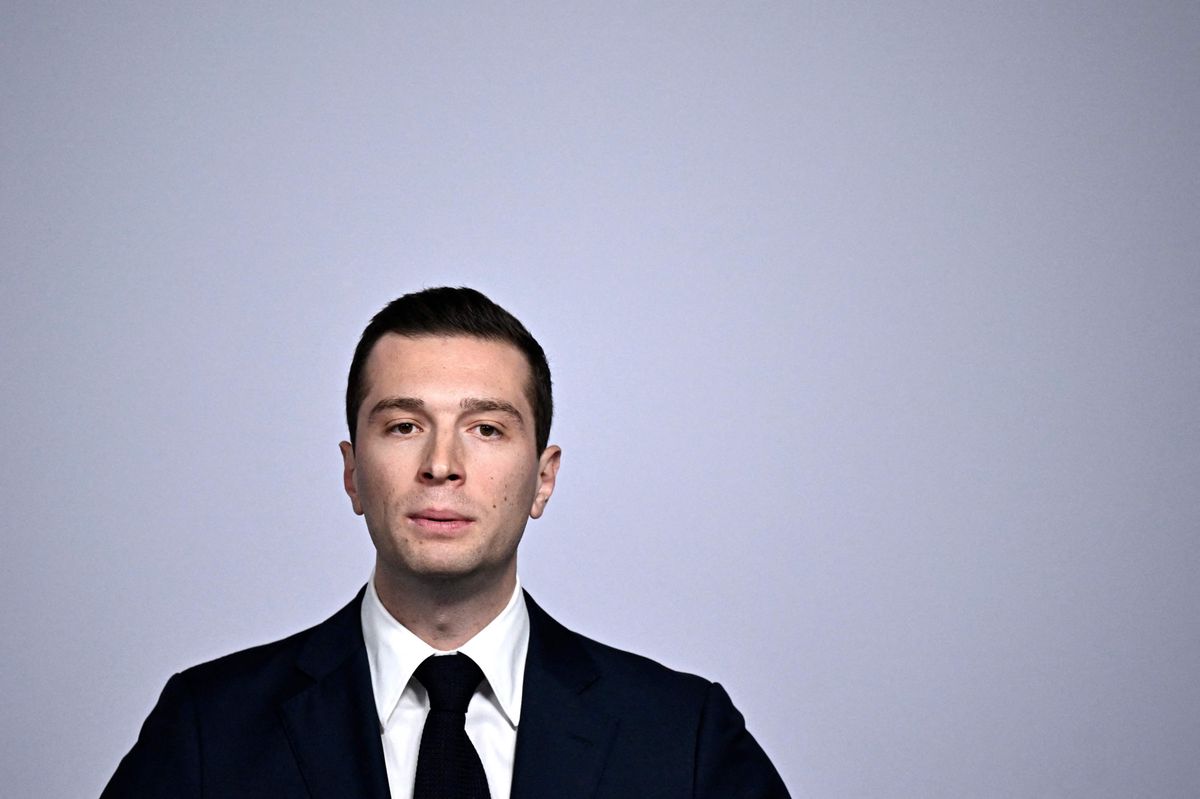 French far-right Rassemblement National (RN) political party President and lead MEP Jordan Bardella looks on as he gives a speech during the results evening of the first round of the parliamentary elections in Paris on June 30, 2024. France's far right won the first round of pivotal legislative elections on June 30, 2024, with the centrist forces of France's President coming in only third behind the left after the highest turnout in over four decades, estimates said. (Photo by JULIEN DE ROSA / AFP)