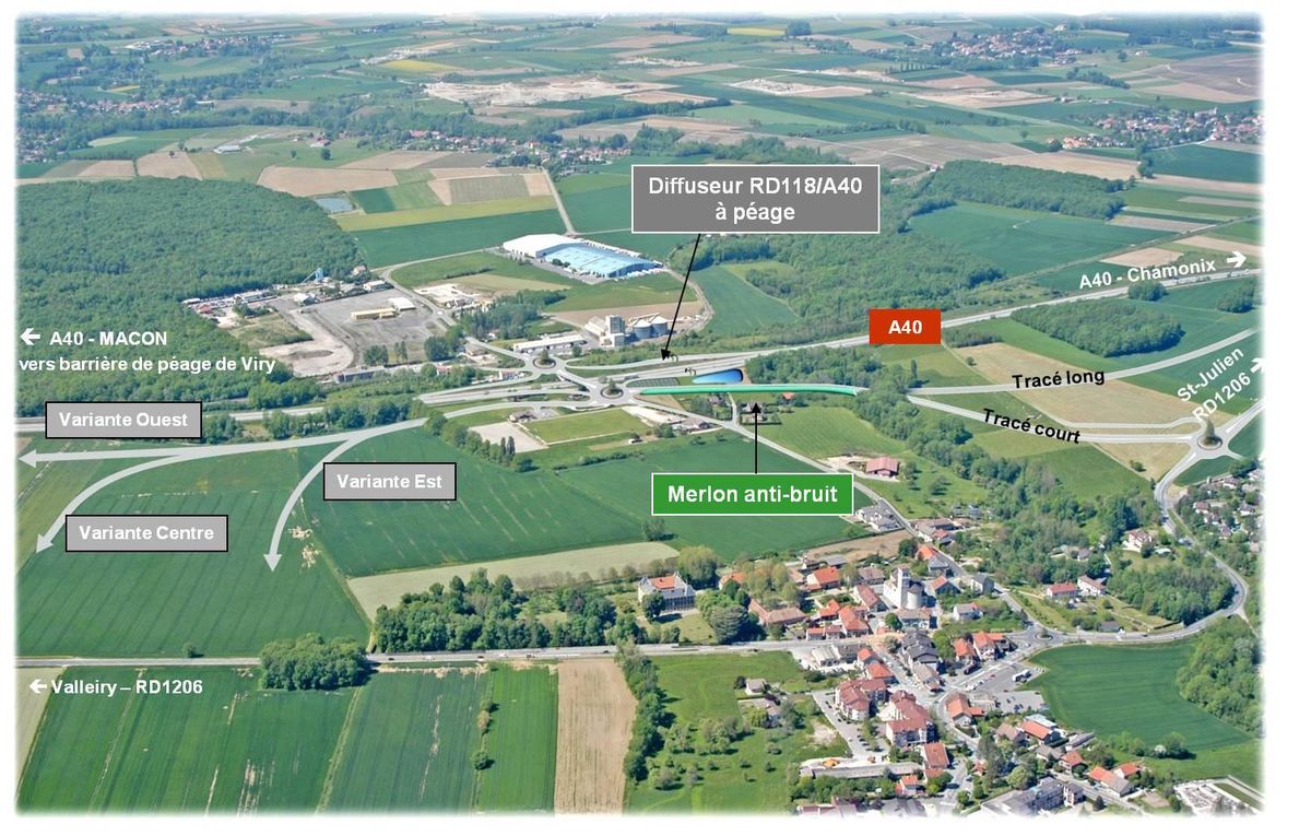 Le projet de diffuseur autoroutier et ses variantes de raccordement. Le village de Viry est au premier plan. Soral se trouve en haut à droite de ce photomontage.