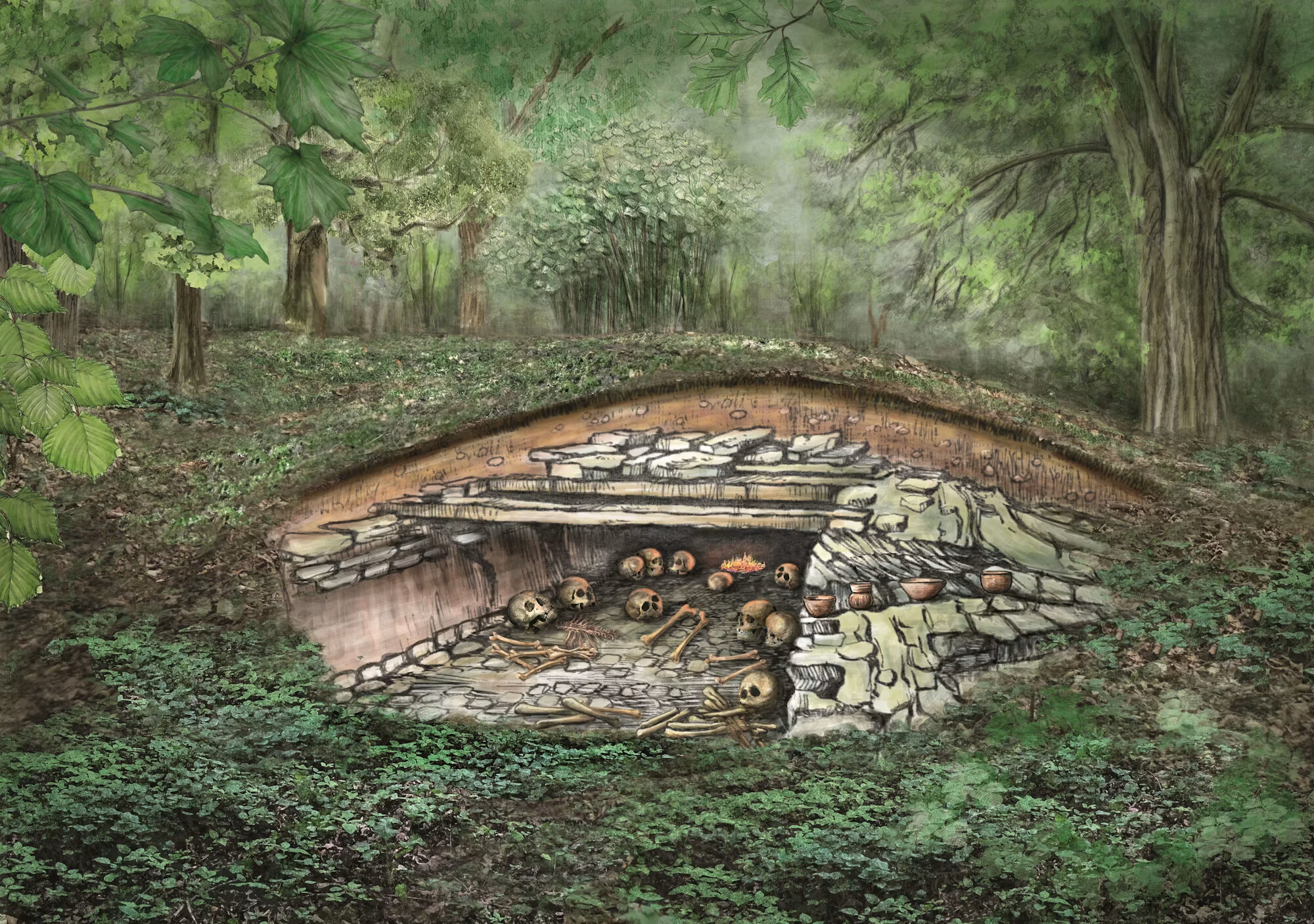 Illustration eines prähistorischen Megalithgrabes im Wald, mit Schädeln und Knochen im Inneren der Steinkammer.