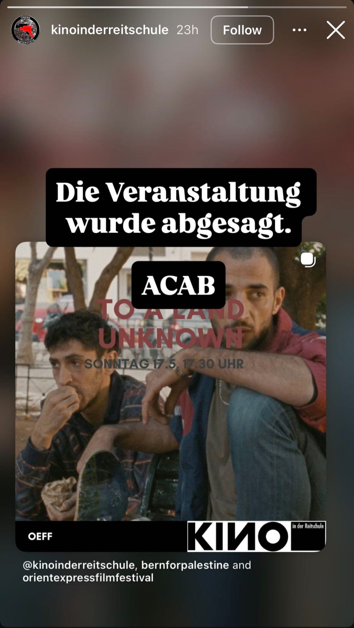 Instagram-Story mit Text «Die Veranstaltung wurde abgesagt.» und «ACAB» über einem Filmplakat des OEFF mit zwei Männern.