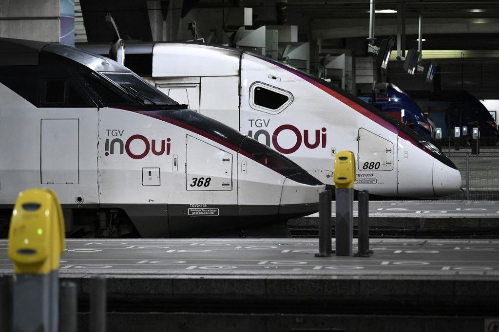 This photograph taken on January 19, 2023 shows high speed TGV trains 'InOui' at a standstill on platforms at the Montparnasse station in Paris. France is bracing for a day of transport chaos on January 19, 2023 as workers go on strike over French President's plan to raise the legal retirement age from 62 to 64. (Photo by STEPHANE DE SAKUTIN / AFP)
