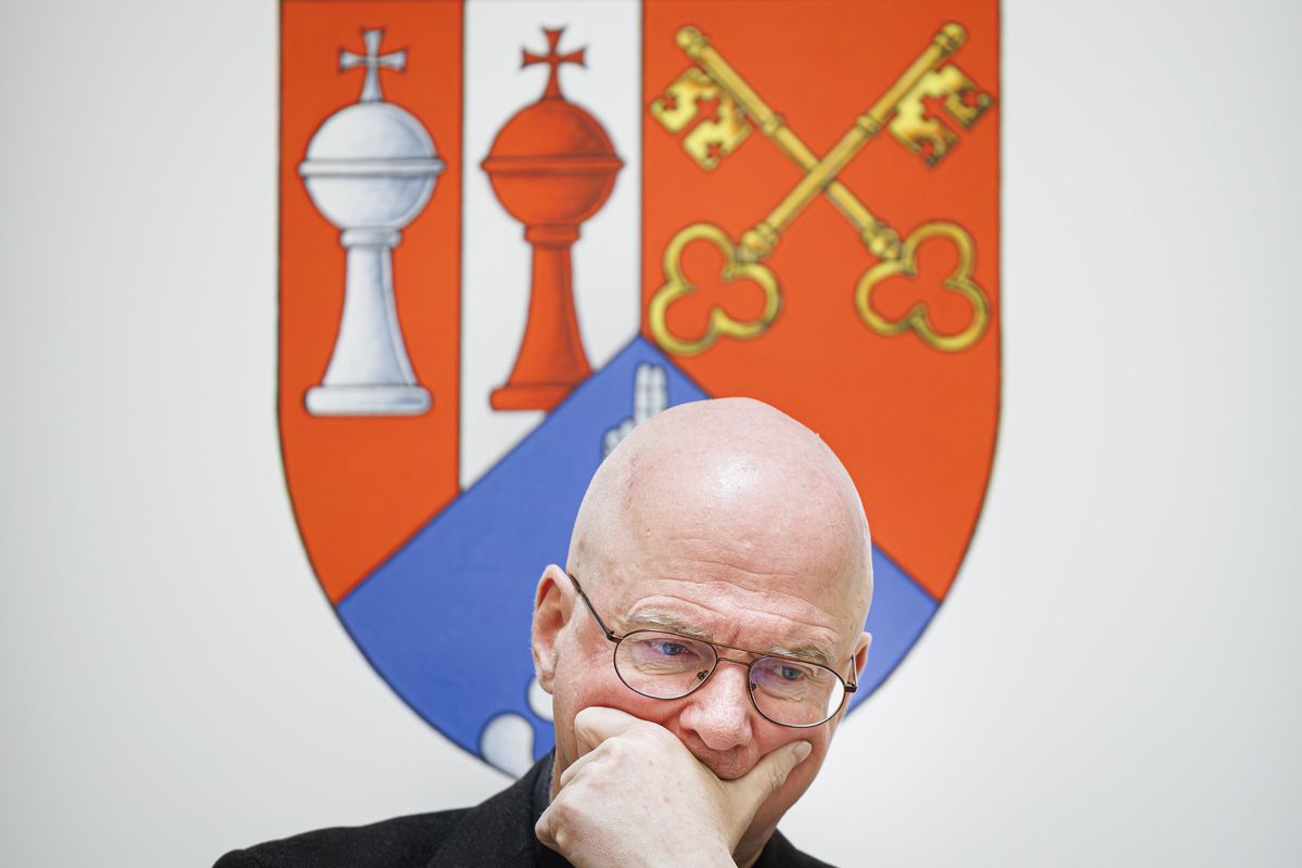 Mgr Charles Morerod, évêque de Lausanne, Genève et Fribourg, lors d'une conférence de presse à l'évêché de Fribourg.