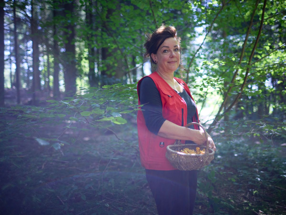 Une femme souriante portant un gilet rouge tient un panier rempli de champignons dans une forêt verdoyante.